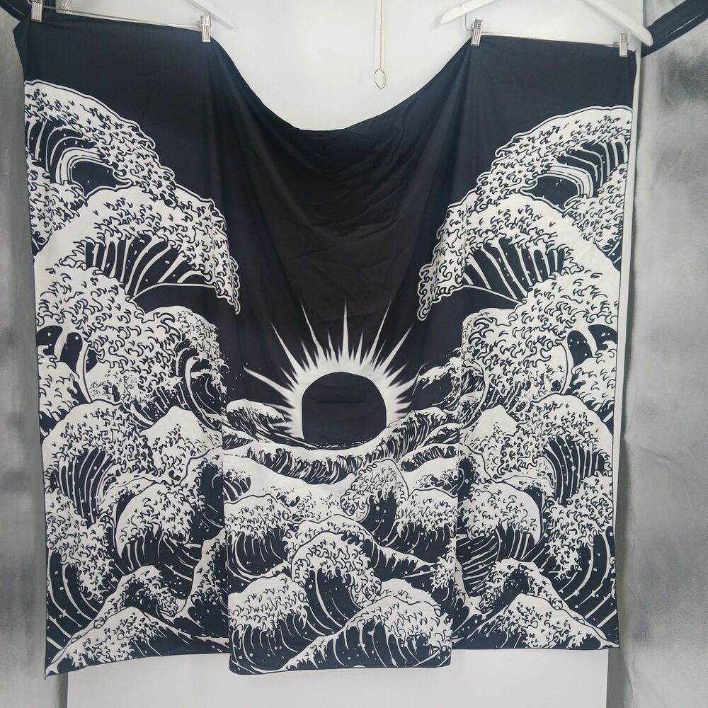 Black and White Sun Japanese Great Wave Wall Tapestry Celestial Ocean Art Decor